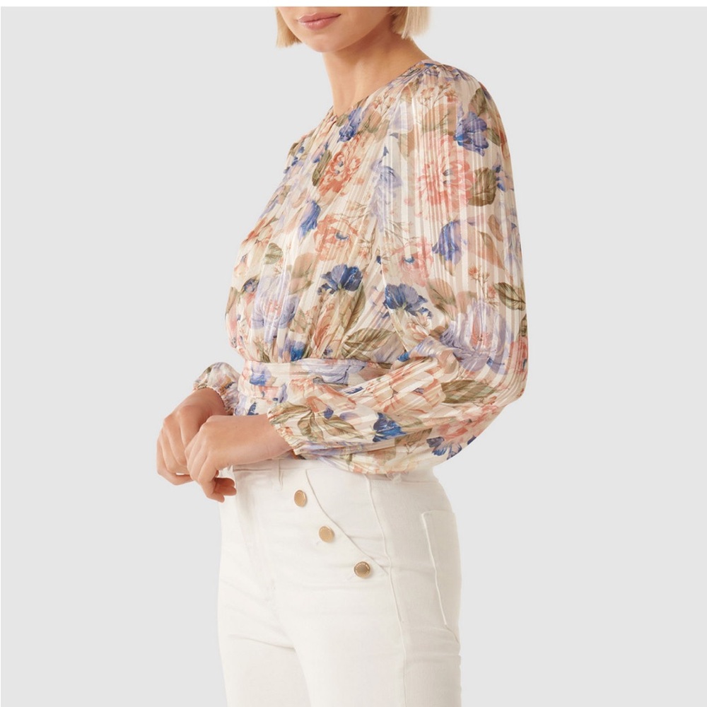 Ever New Floral Pleated Long Sleeve Blouse in Pink and Blue